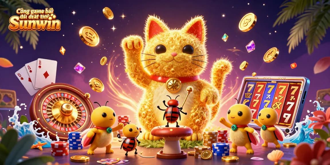 Cổng game bài đổi thưởng Sunwin showcases a vibrant 3D cartoon scene filled with a lucky cat and casino symbols.