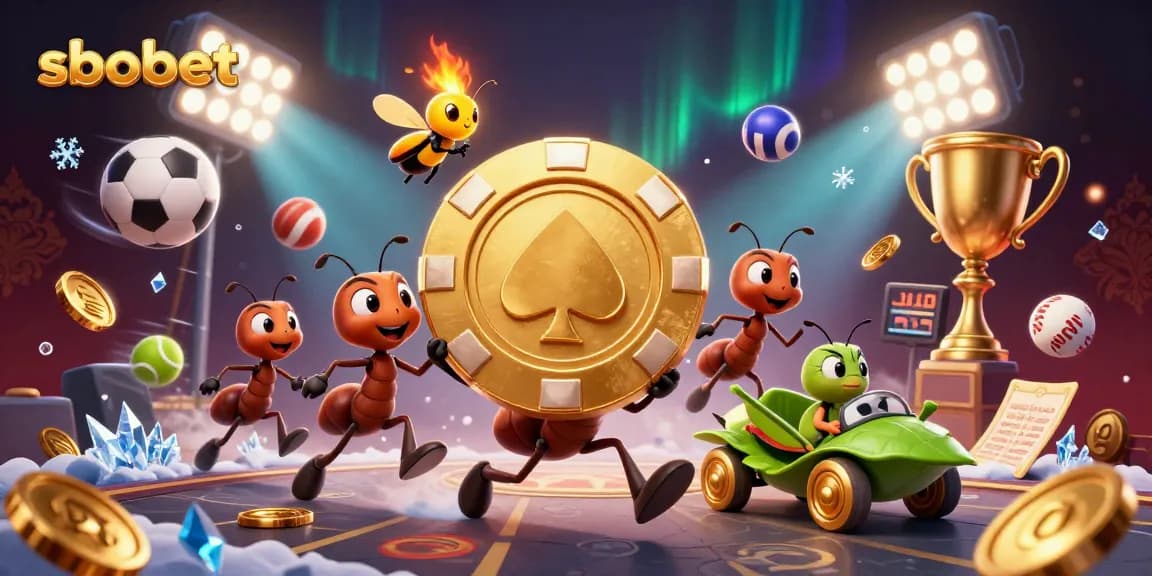 Exciting sbobet sports betting scene with ants carrying a giant poker chip, perfect for gamblers.
