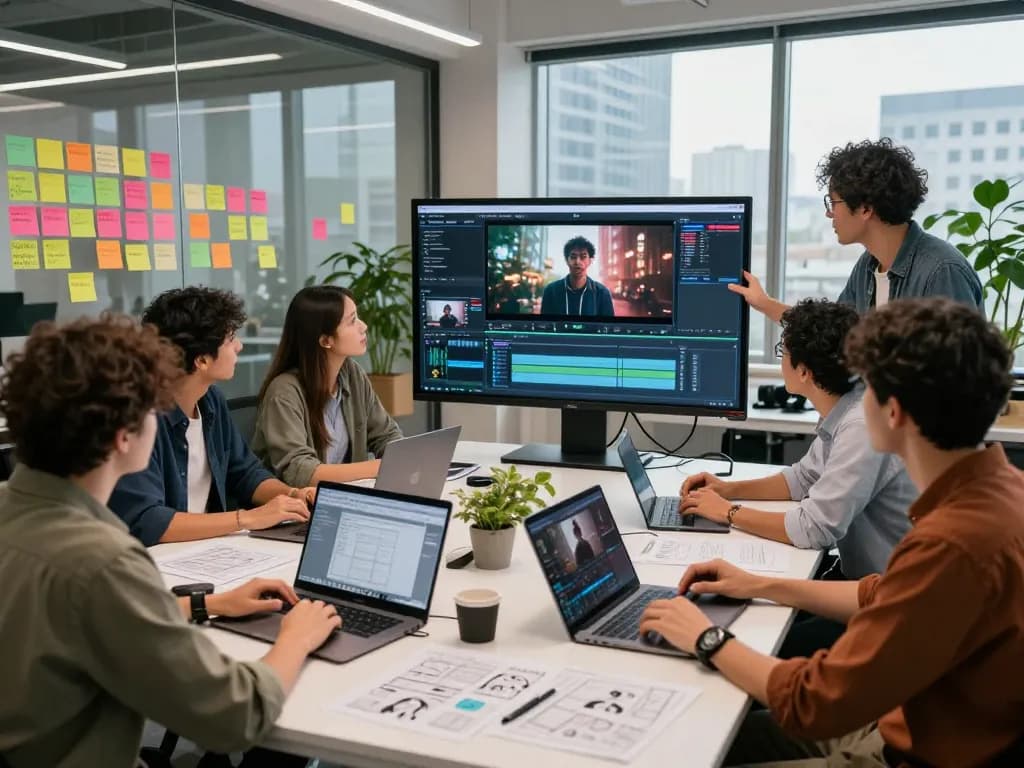 Seedance 2.0 video production team collaborating in a modern workspace, showcasing AI generated cinematic video.