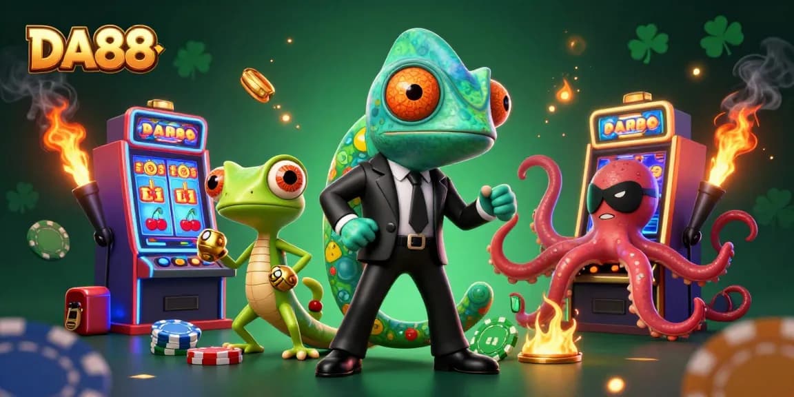 Engage with the dynamic DA88 gaming scene featuring colorful slot machines and casino characters.