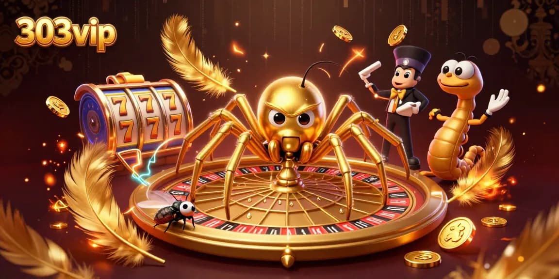 Engage with thrilling slots at 303vip, featuring dynamic 3D visuals of a roulette wheel and spider!