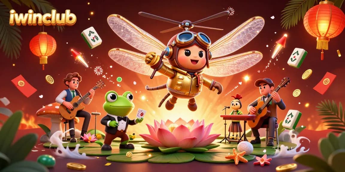 Iwinclub showcases a vibrant 3D illustration of a lively casino scene with a dragonfly pilot and a frog croupier.