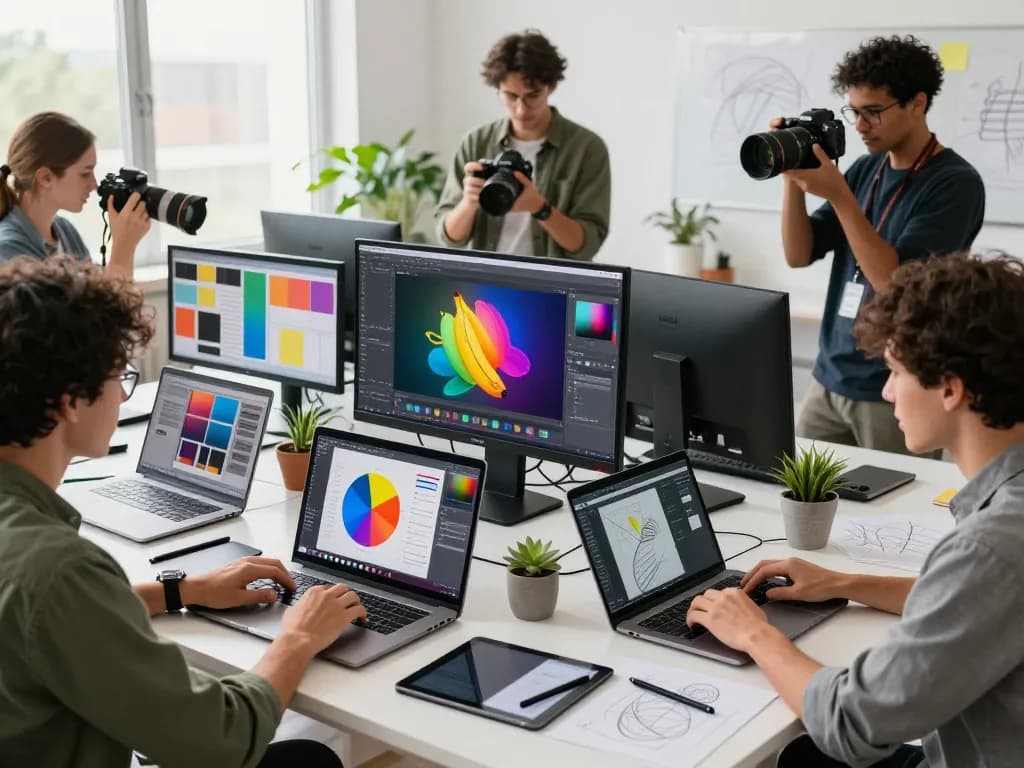 Team of graphic designers collaborating using nano banana pro in a modern digital workspace.