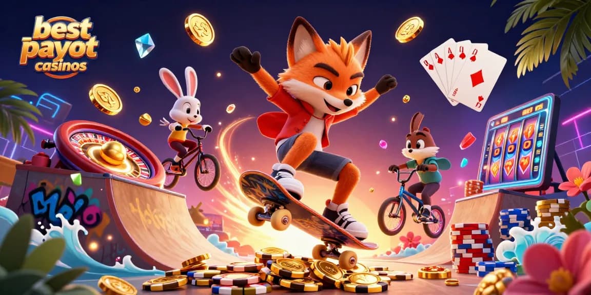 Best payout casinos featuring a skateboarder fox and BMX-riding rabbit performing tricks amidst flying coins and poker chips.