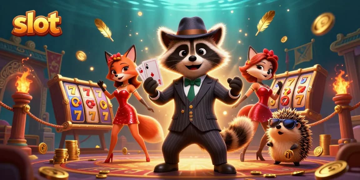 Spin the thrilling slot with a suave raccoon and glamorous fox in a vibrant casino scene.