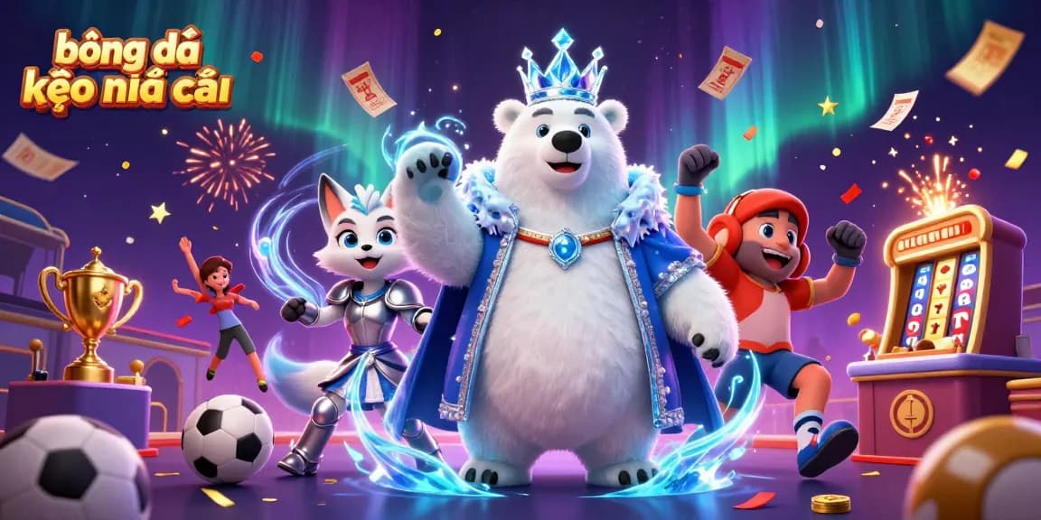 Engaging scene of bóng đá kèo nhà cái showcasing animated polar bear and snowy fox in a vibrant sports betting atmosphere.
