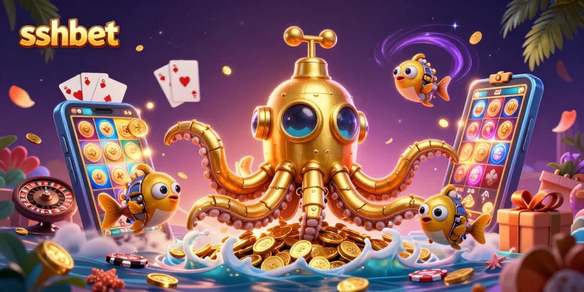 Win big with sshbet in this vibrant 3D scene of a golden kraken amid casino game elements.