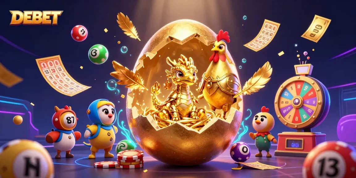 Experience the DEBET gaming world with a golden dragon nest and vibrant casino elements.