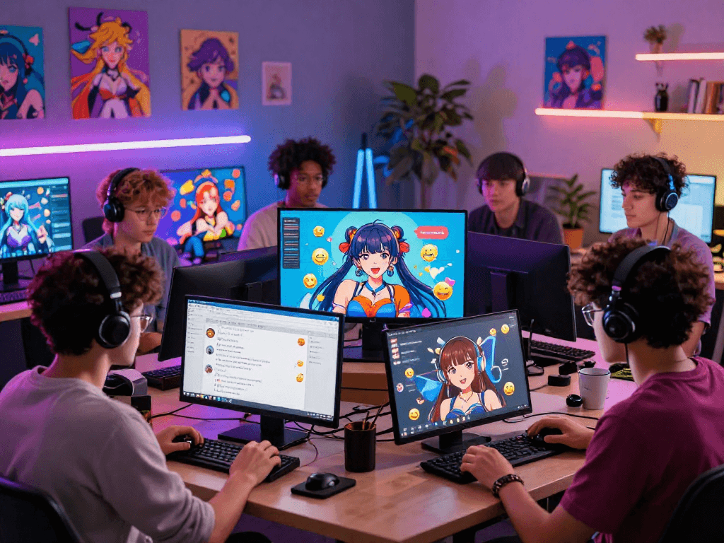 Animated group discussing hentai ai chat in a vibrant digital workspace.