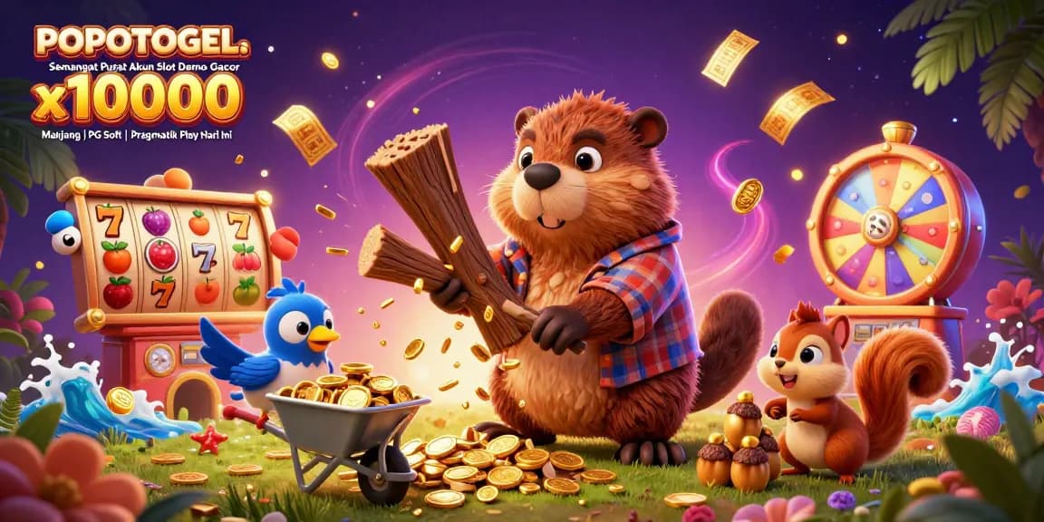 Experience POPOTOGEL: Semangat Pusat Akun Slot Demo Gacor x10000 Mahjong | PG Soft | Pragmatik Play Hari Ini with a golden coin raining scene featuring fun cartoon characters.