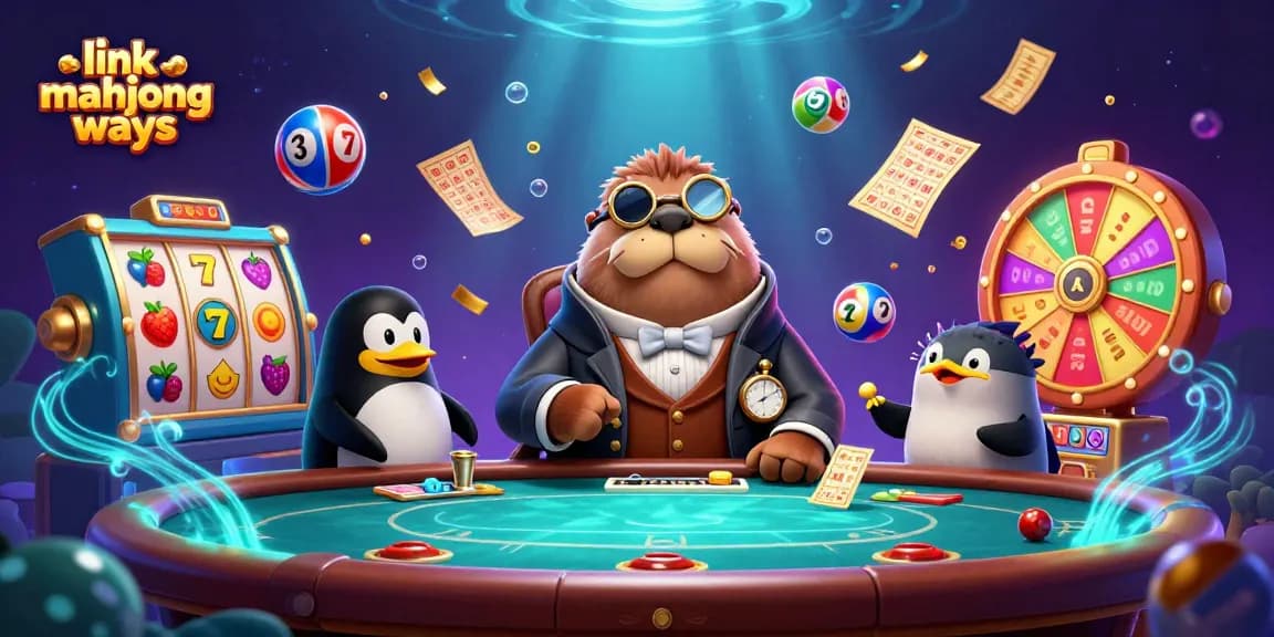 Win big with link mahjong ways in this vibrant casino scene featuring cartoon characters at play.
