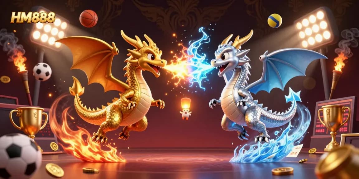 Engage in thrilling gameplay with HM888 as golden and silver dragons embody the excitement of online betting.