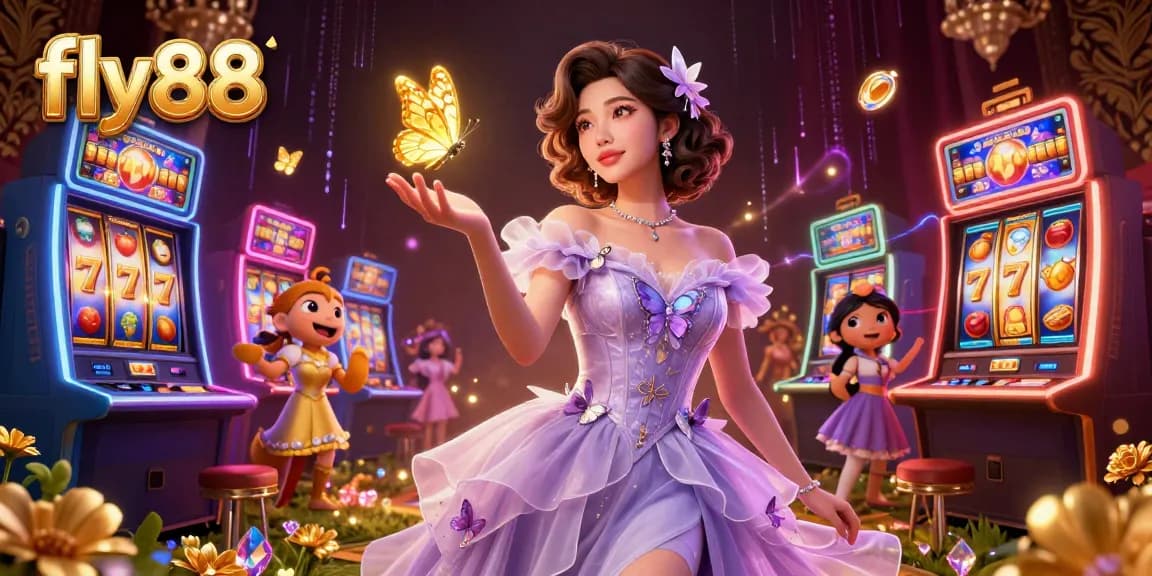 Play slots with fly88 featuring a stunning Asian woman in a magical casino setting.