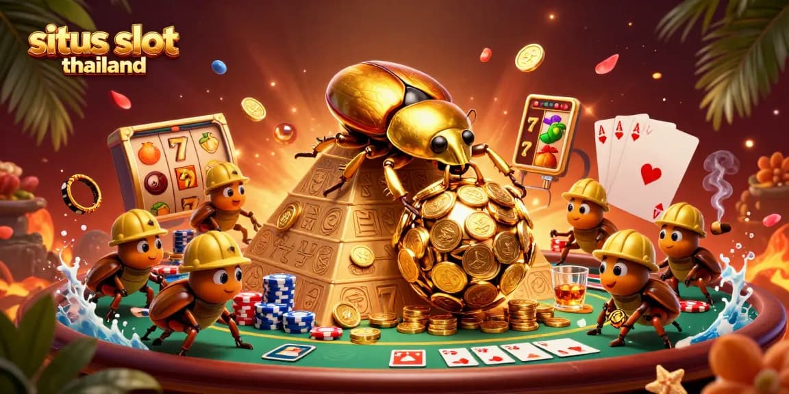 Situs slot thailand vibrant scene depicting a golden beetle and casino elements, showcasing exciting slots action.