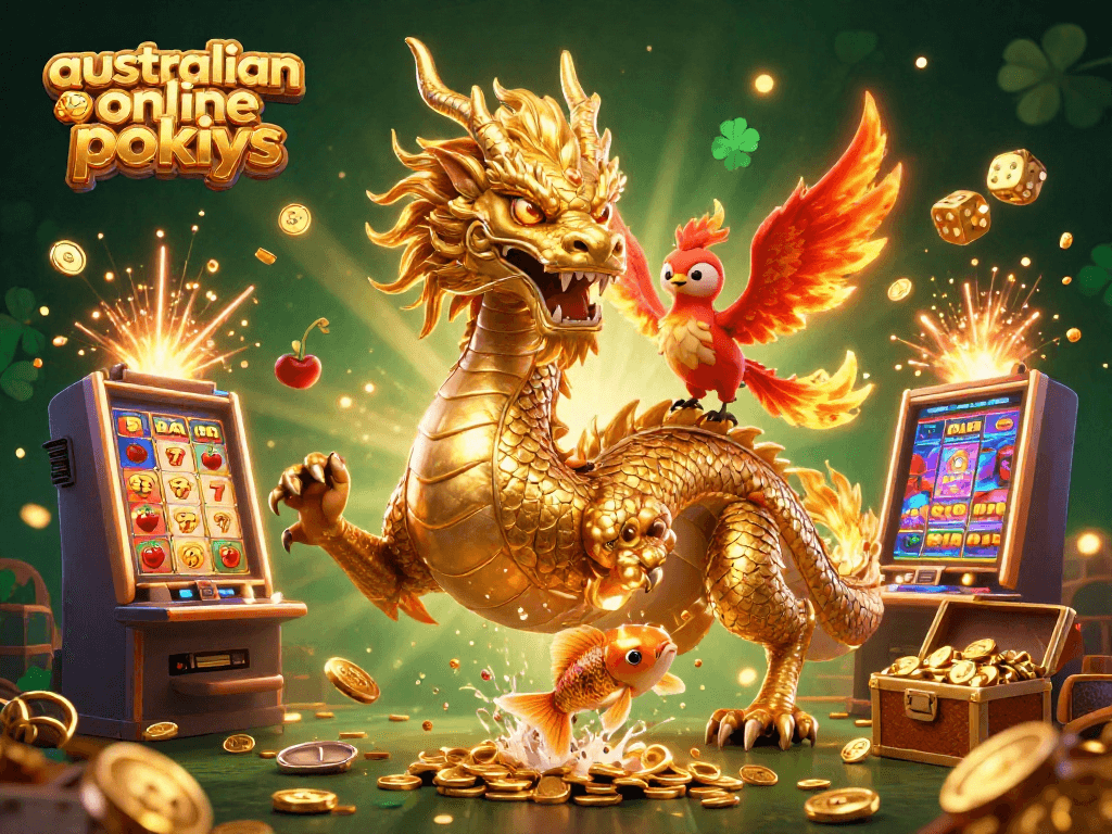 Experience australian online pokies magic with a dragon, phoenix, and koi in dynamic casino scene