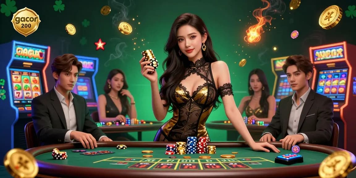 Experience winning with gacor 200 at a luxury baccarat table surrounded by exciting slot elements.