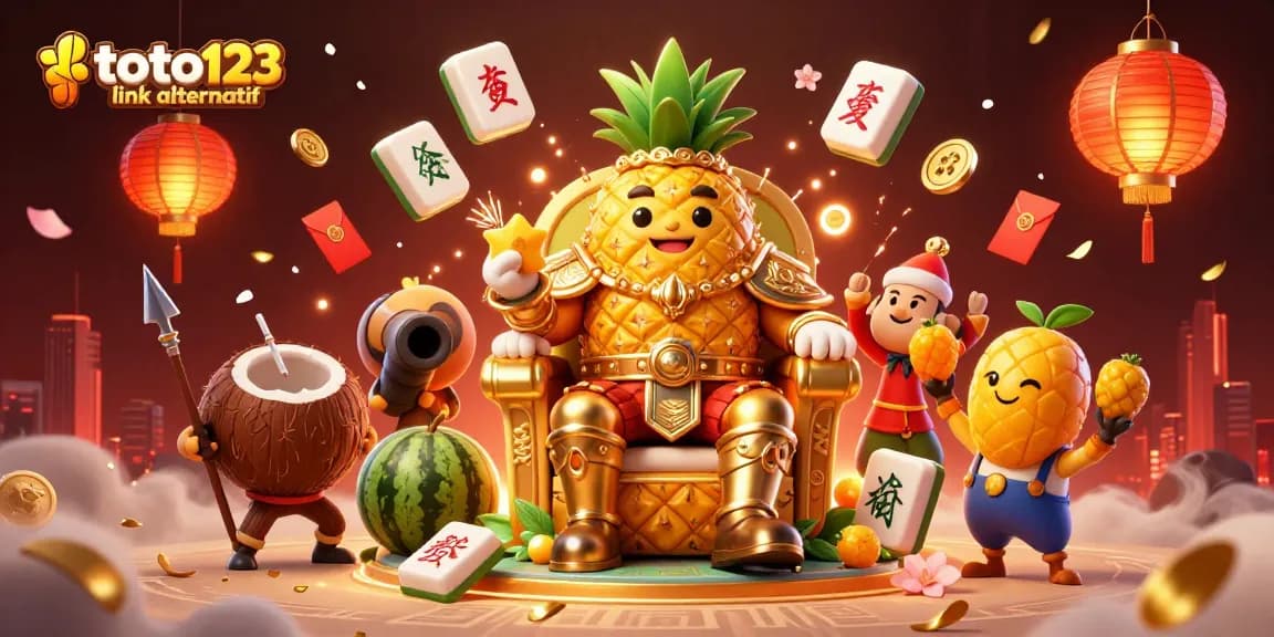 Toto123 link alternatif showcases a vibrant casino scene with a golden pineapple king and festive elements.