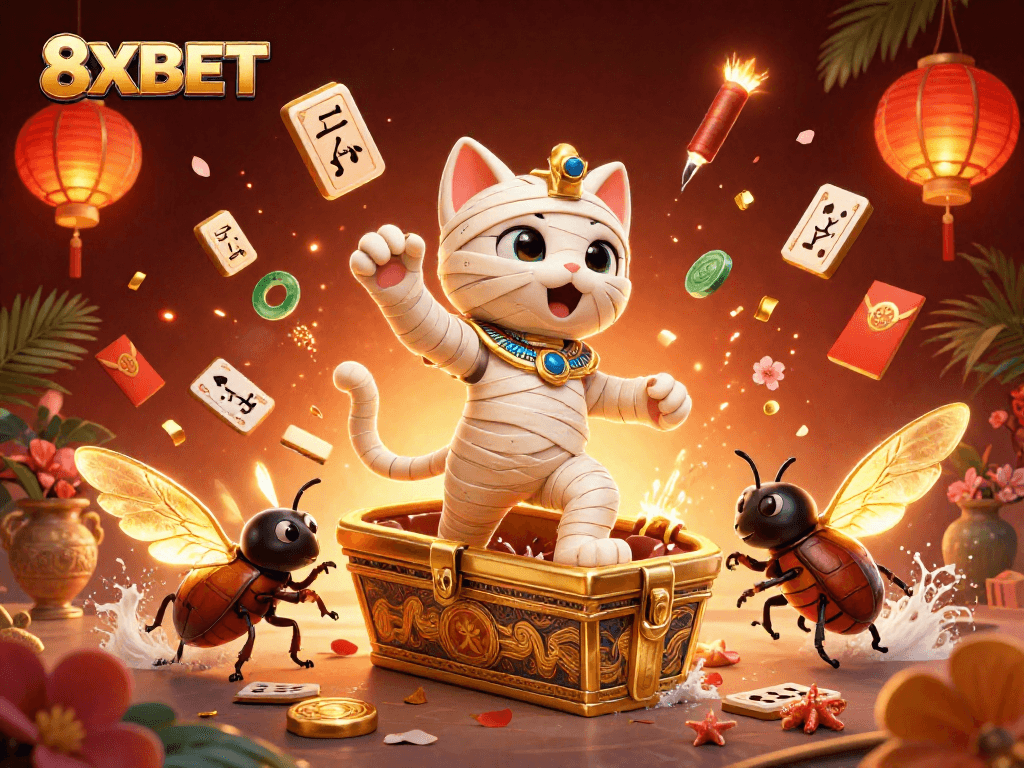 Experience the excitement of 8XBET casino with a dynamic 3D mummy cat and scarab in a vibrant pyramid setting.