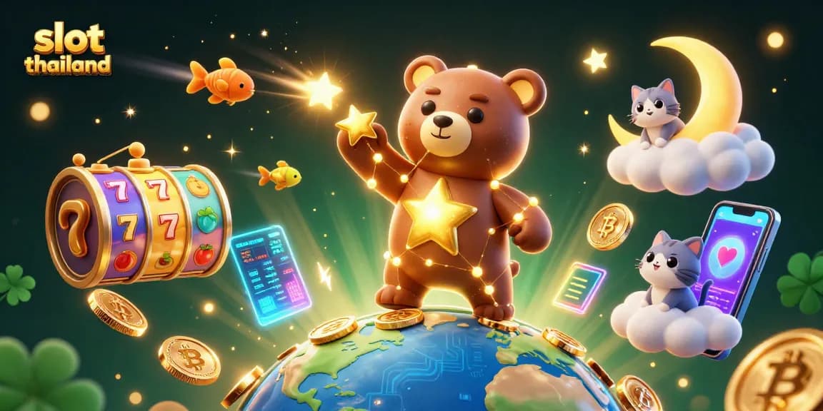 Experience slot thailand excitement with a vibrant, animated bear collecting prizes in a 3D casino realm.