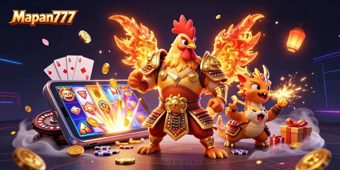 Experience Mapan777's thrilling slots with a roaring rooster warrior and a fiery dragon hatchling.
