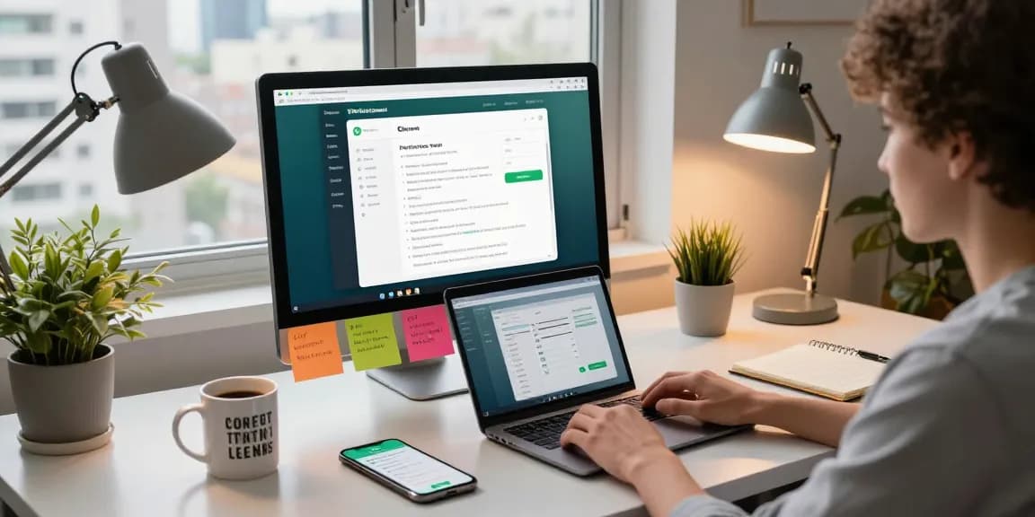 Engaging workspace scene with WhatsApp電腦版 open on a laptop, showcasing productivity and modern tools.