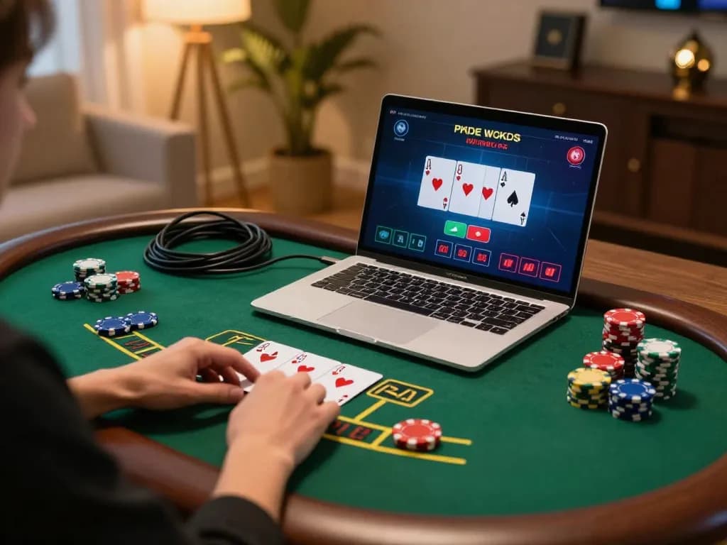 Player enjoying an engaging live blackjack game at nhà cái fly88 with colorful chips and warm lighting.