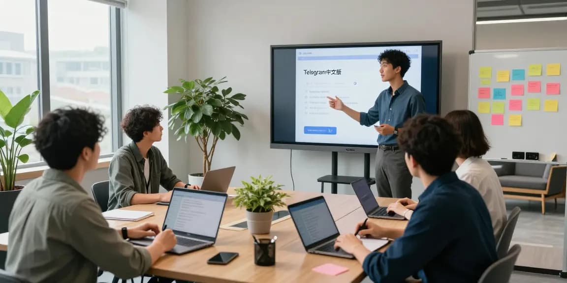 Team discussing features of the telegram中文版 app in a modern office environment with collaborative setup.