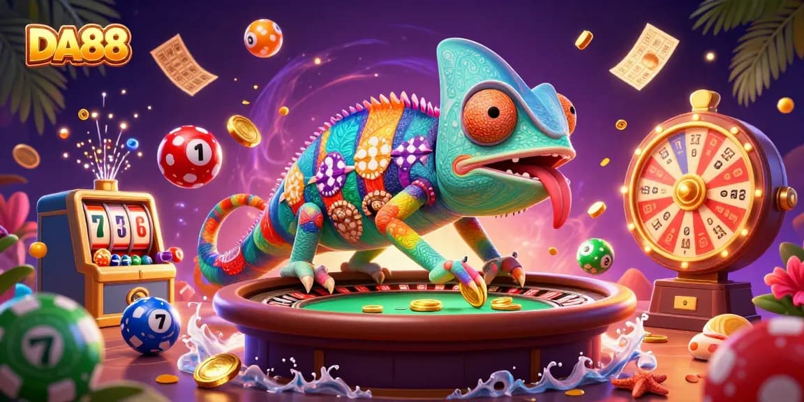 Engaging DA88 casino scene with a vibrant chameleon owner amidst lottery balls, jackpot symbols, and lively gaming elements.