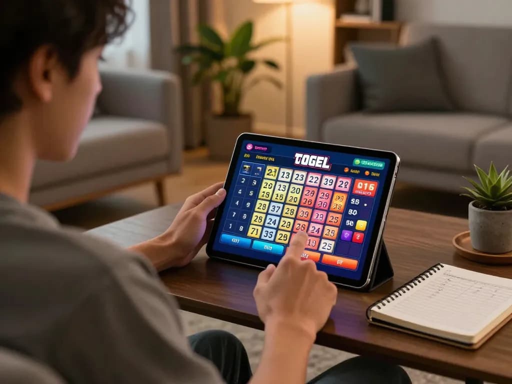 Engaging player focusing on GTA togel gameplay on a tablet in a stylish home setup.