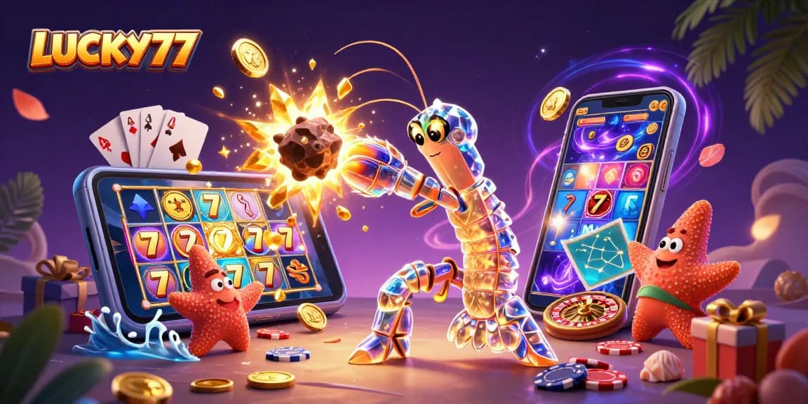 Experience LUCKY77 excitement with a galactic samurai and starfish in a colorful casino setting.