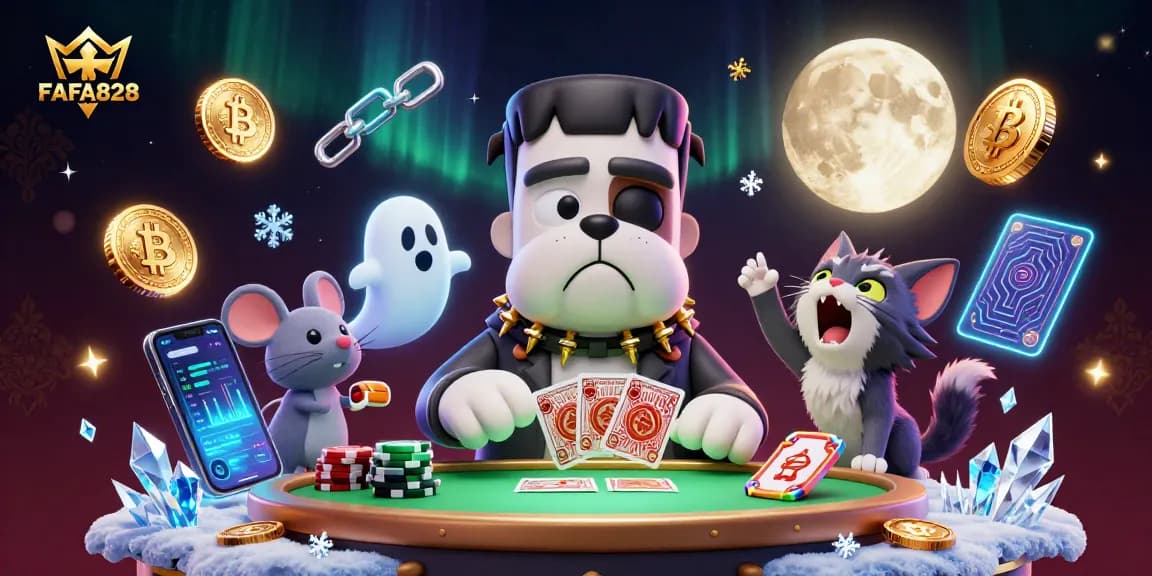 FAFA828 showcases a vibrant 3D casino scene with a bulldog monster and rich gaming elements.