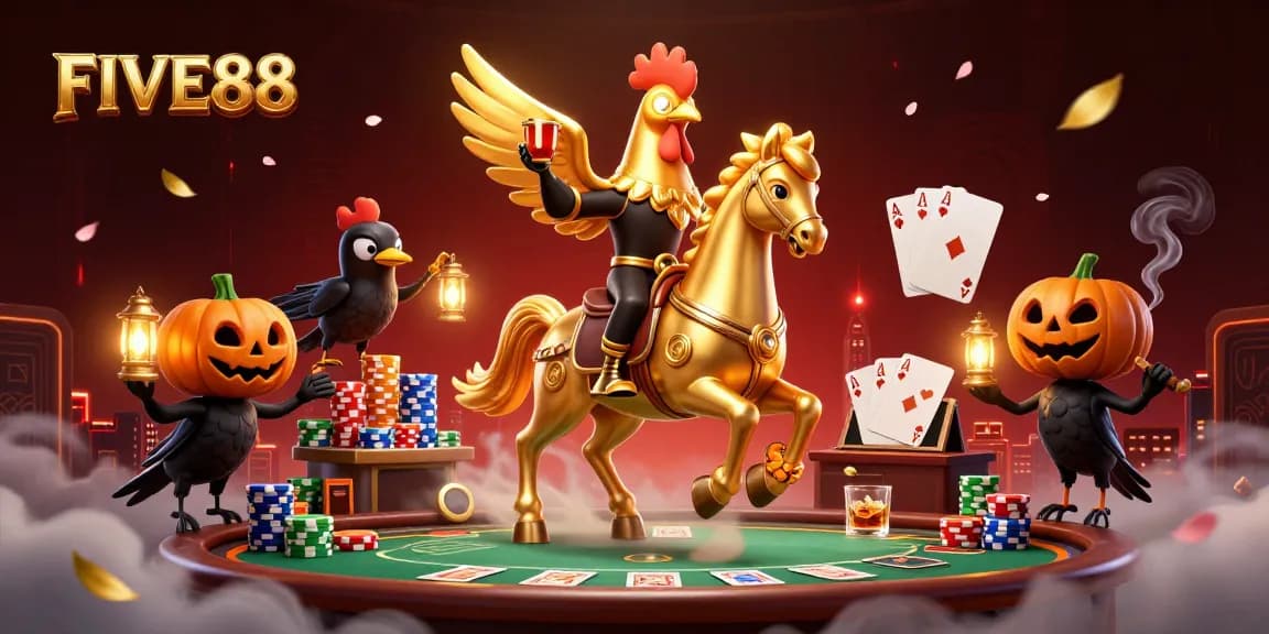 Experience an exciting game at FIVE88, featuring golden rooster characters and vibrant casino elements.