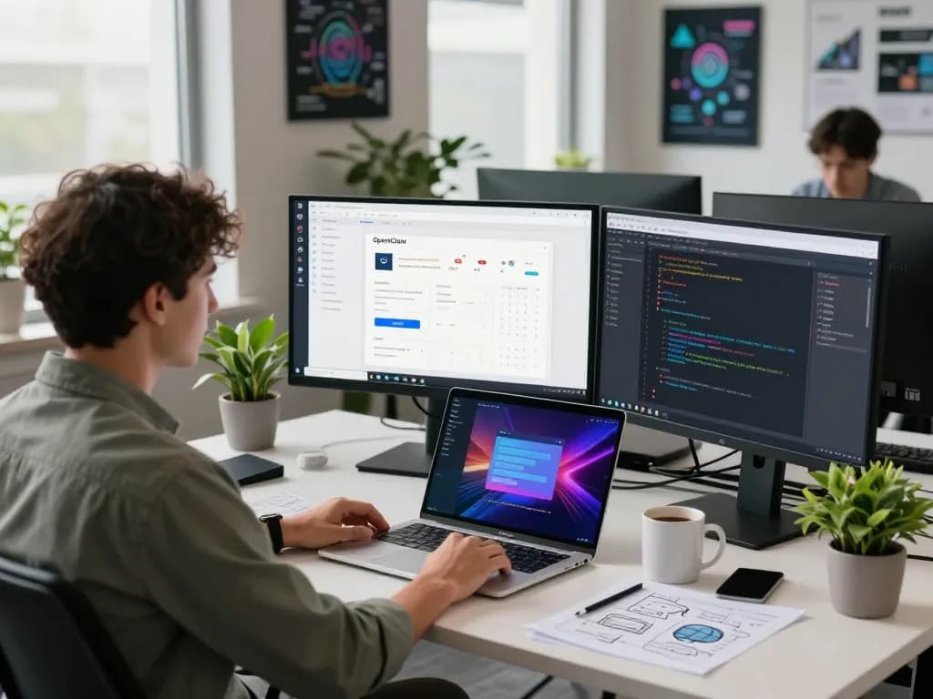 OpenClaw in action, showcasing a developer using AI to manage emails and schedules in a modern workspace.