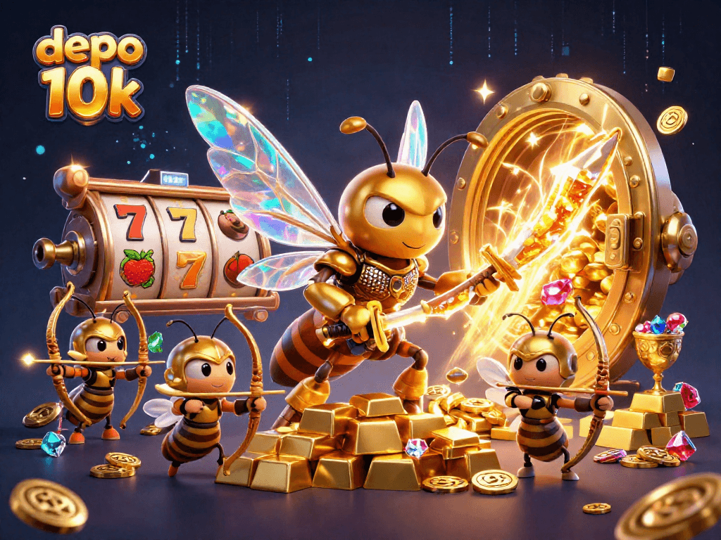 Join the action at depo 10k while a golden hornet and bee archers celebrate jackpot wins in this vibrant illustration.