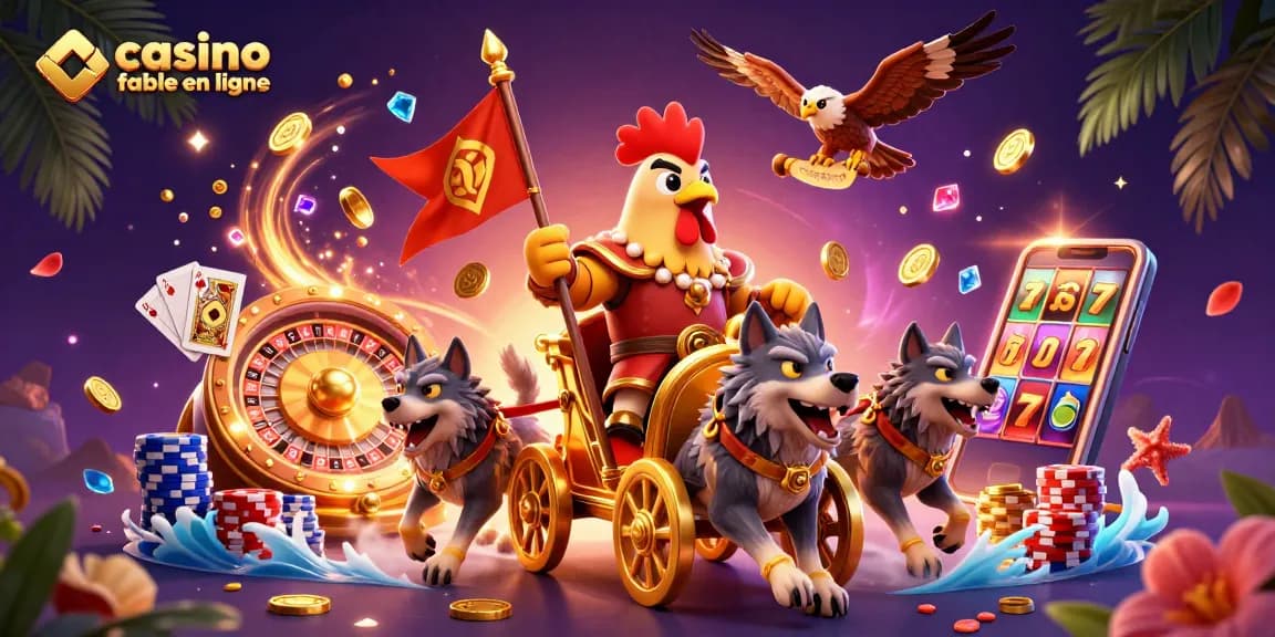 Profitez de jeux passionnants dans un casino fiable en ligne avec une illustration dynamique et colorée.