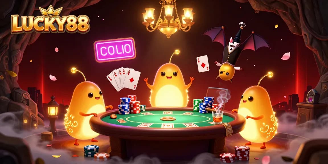 LUCKY88 team of glowworms illuminate a vibrant casino scene with poker and dynamic gameplay elements.
