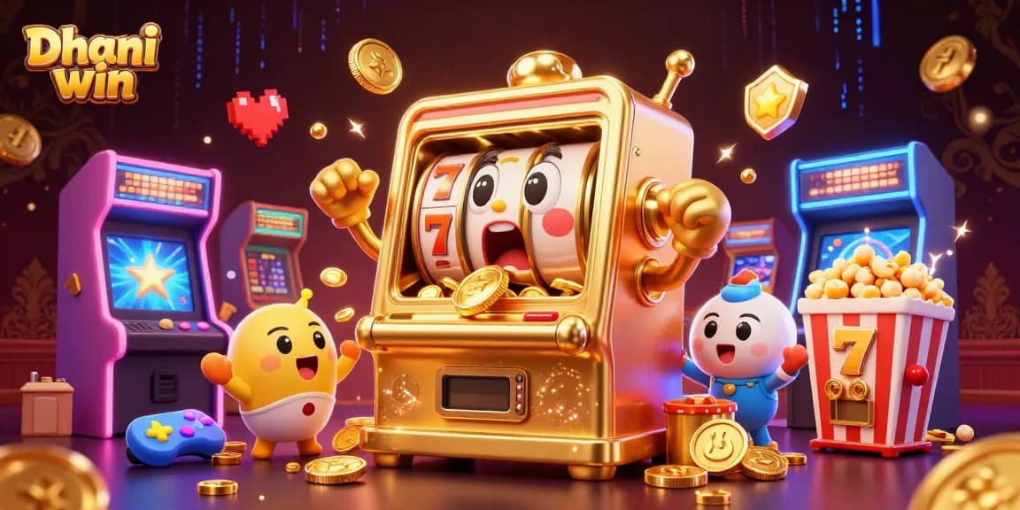 Dhani win slot machine hitting jackpot with golden coins pouring out in a vibrant arcade scene