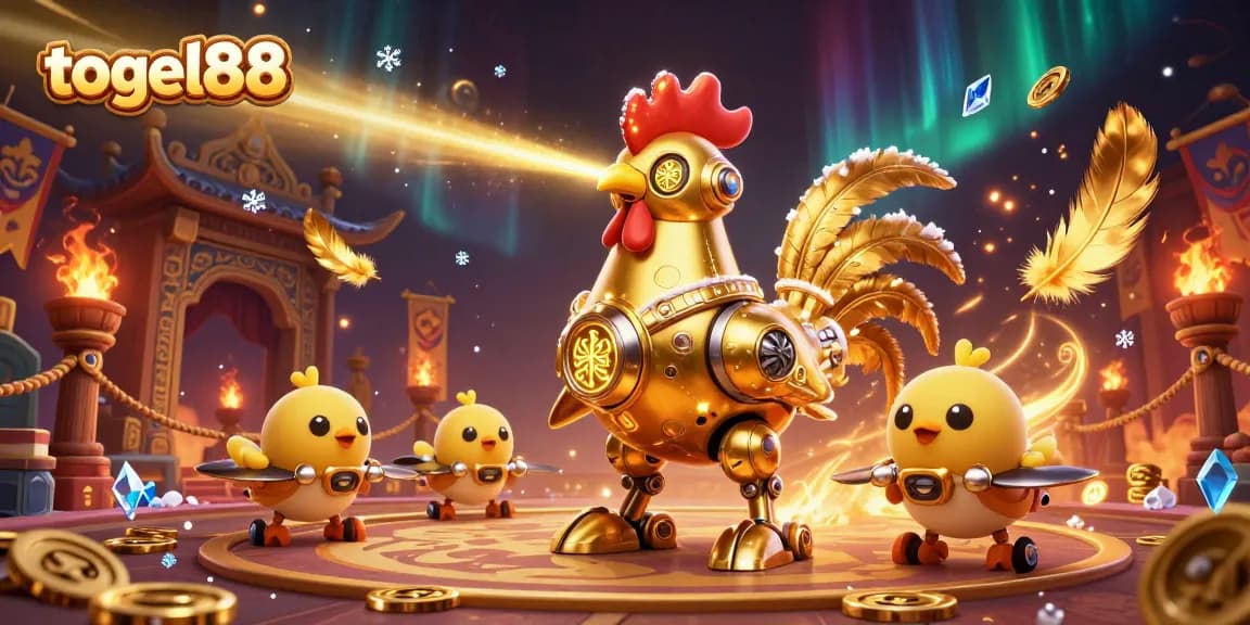 Experience thrilling gameplay with the golden rooster robot and chick drones at togel88, surrounded by casino elements.