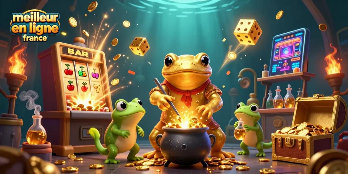 Plongée dans le meilleur casino en ligne France avec une illustration 3D dynamique en or.