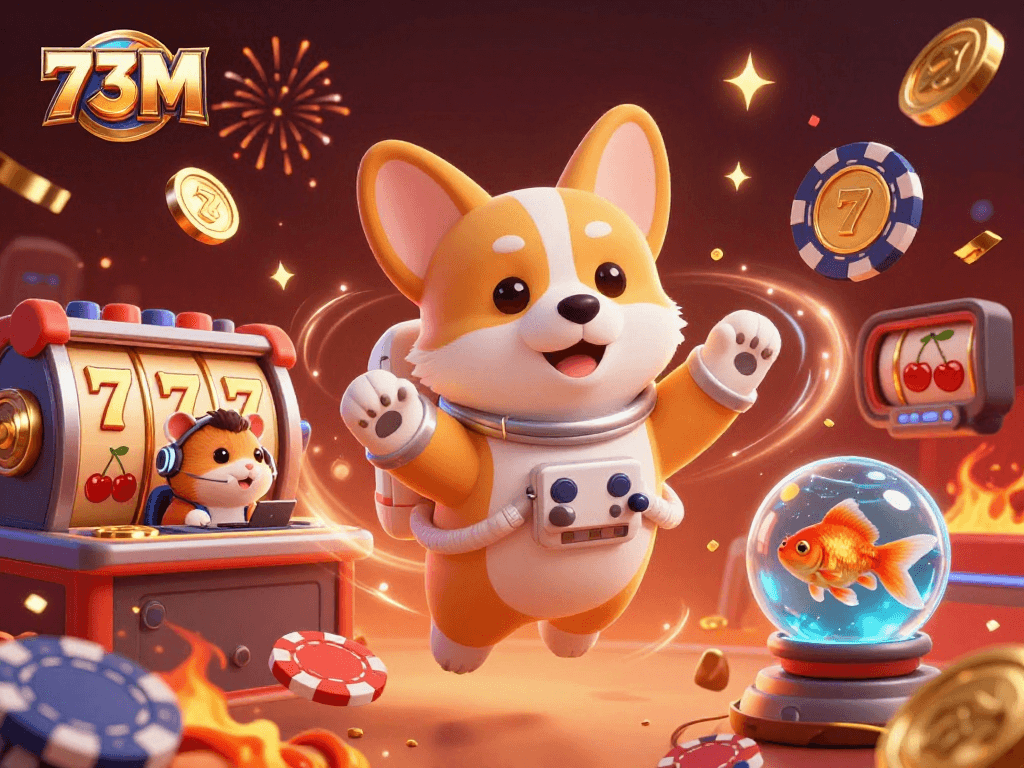 Aproveite a emoção da 73M em um cassino espacial com personagens flutuando e confete celebrando.