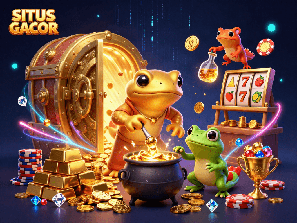 SITUS GACOR showcases a vibrant casino scene with a golden salamander alchemist and gaming elements.