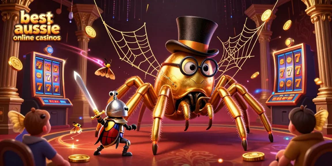 Engage with the best aussie online casinos illustrated scene featuring a golden tarantula and beetle knight.