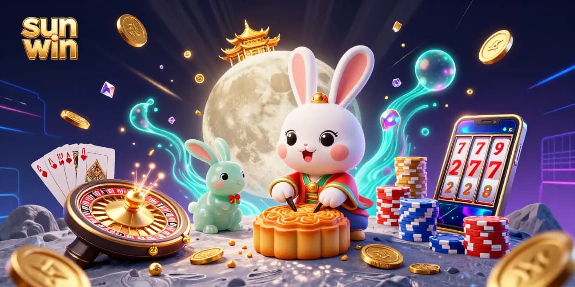 Experience excitement at sun win with our 3D illustration of a moon rabbit and poker chips amid vibrant casino elements.