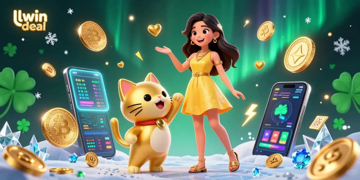 Engage with llwin deal's vibrant atmosphere featuring an Asian woman with a lucky cat amidst golden coins and crypto elements.