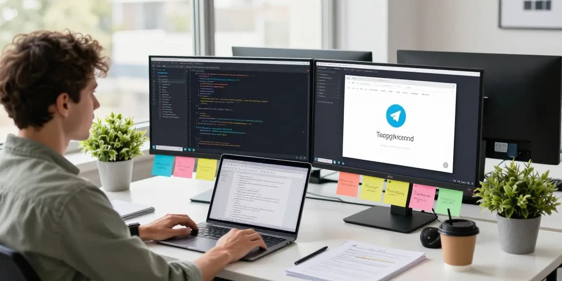 Seamlessly coding in a modern workspace while exploring Telegram Download on dual monitors.