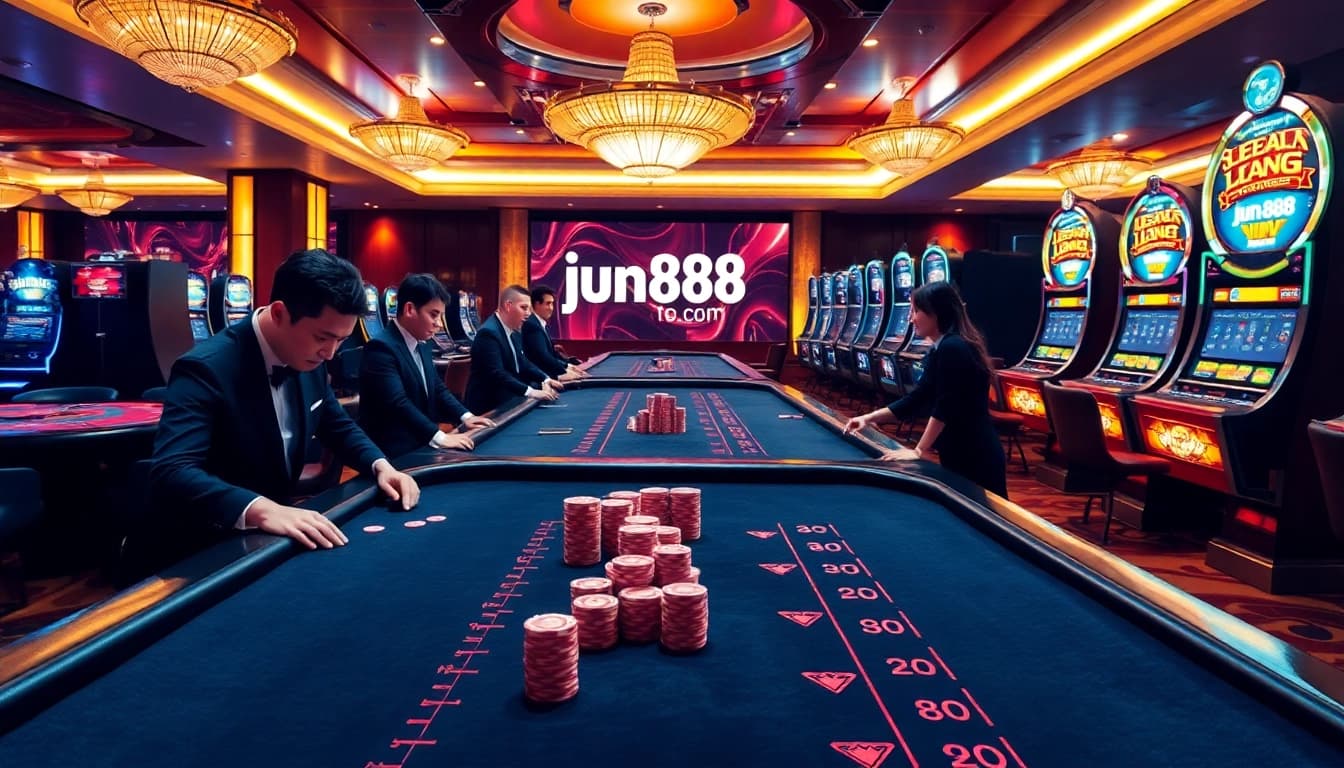 Experience the thrill of gaming with jun88.com’s exciting casino environment featuring tables, chips, and online interactions.