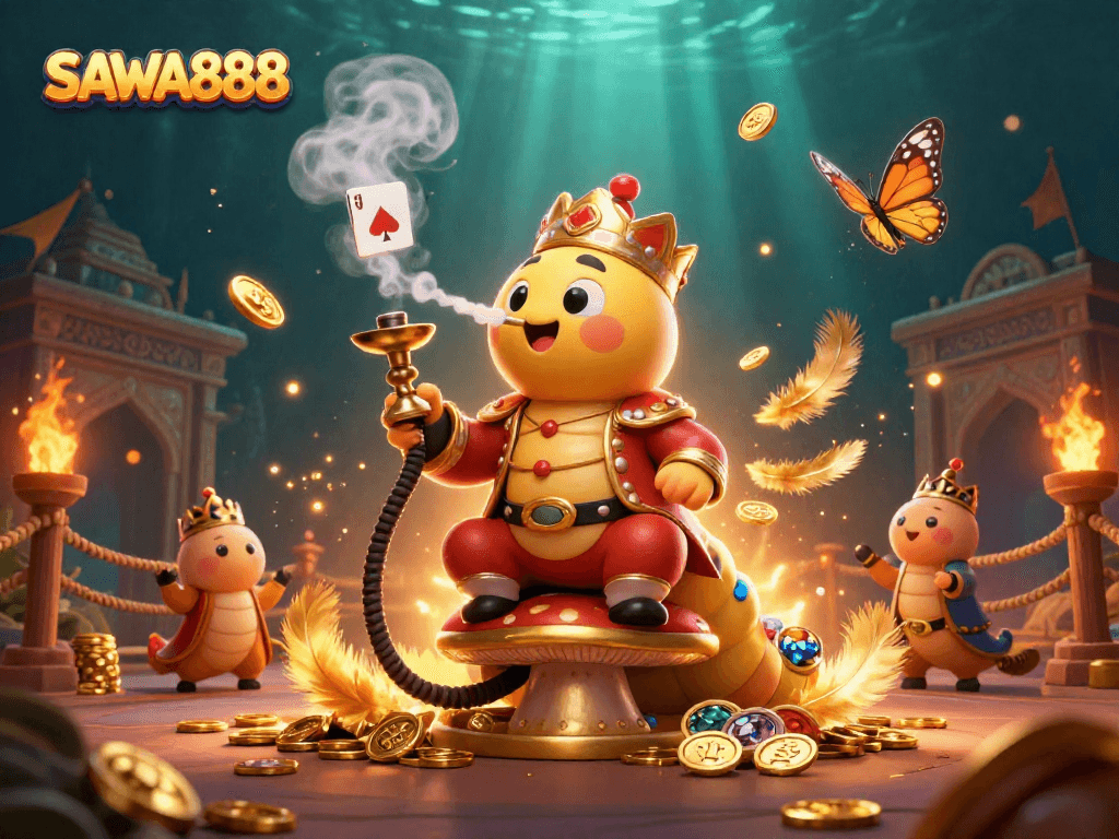 SAWA888 engages players with vibrant casino themes and dynamic illustrations of gaming symbols and ambiance.