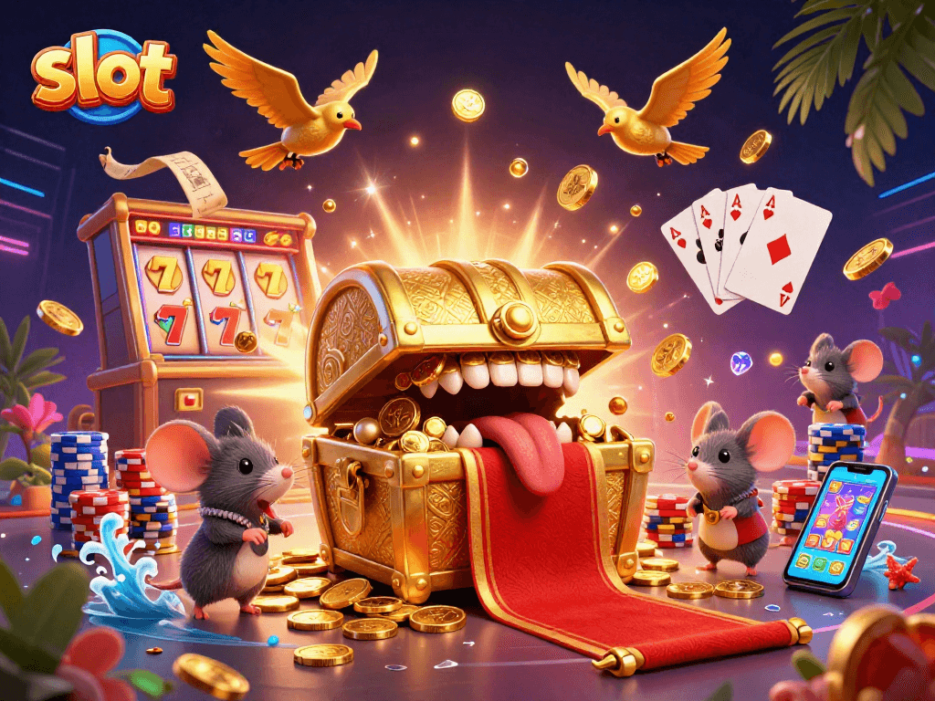 Engaging scene featuring adventurer mice drawn to a vibrant slot machine treasure chest.
