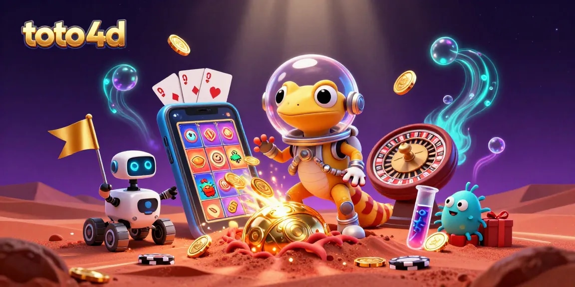 The 3D Martian gecko wins with toto 4d under a vibrant cosmic casino scene filled with excitement.
