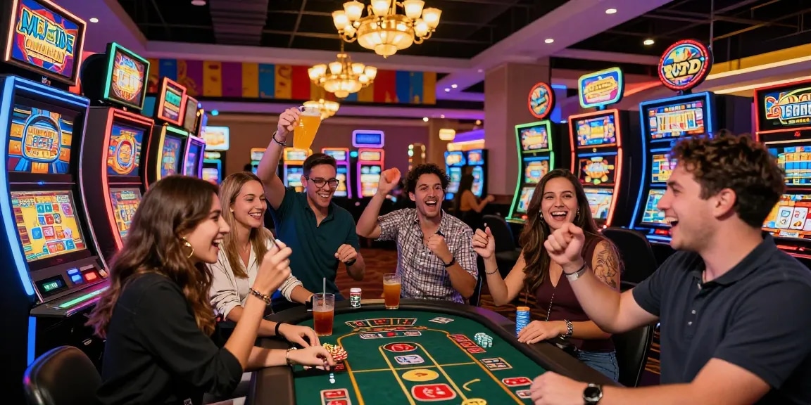 Friends celebrating their wins at gambling machines, showcasing the rokok88 link excitement in a vibrant casino.